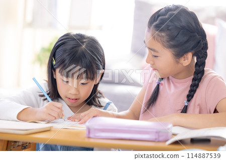 Sisters doing homework in the living room Sisters doing homework in the living room 114887539