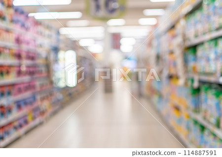 A blurry image of a grocery store aisle with a sign that says "T" A blurry image of a grocery store aisle with a sign that says "T" 114887591
