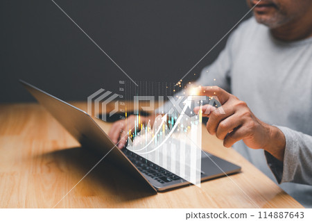 A man is using a laptop with a graph on the screen 114887643