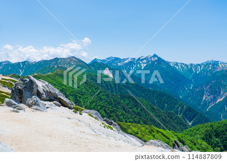 Climbing Mt. Tsubakur in summer (Kitatsubakur to Mt. Tsubakur: View of Mt. Daitenjo and Mt. Yari) Climbing Mt. Tsubakur in summer (Kitatsubakur to Mt. Tsubakur: View of Mt. Daitenjo and Mt. Yari) 114887809