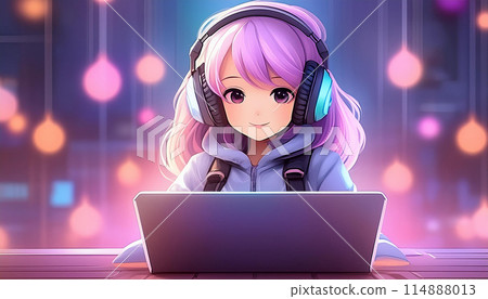 AI generated | Cute young woman using laptop | Gaming girl | Anime style illustration 114888013