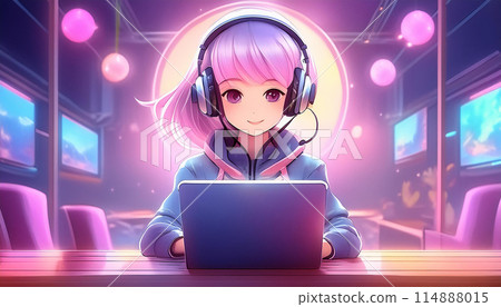 AI generated | Cute young woman using laptop | Gaming girl | Anime style illustration AI generated | Cute young woman using laptop | Gaming girl | Anime style illustration 114888015