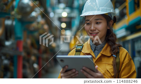 一名婦女在工廠操作平板電腦 114888246