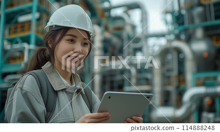 A woman operating a tablet in a factory 114888248