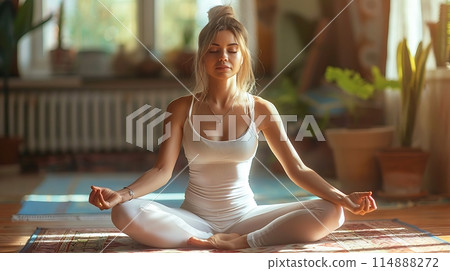 Young woman practicing lotus asana in Home. Padmasana pose AI generated 114888272