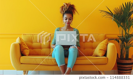Young businesswoman in suit sits on comfortable soft sofa and using laptop computer AI Generated 114888331