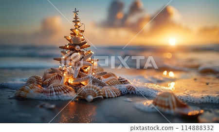 Christmas tree from shells on sand background in the beautiful sunset AI generated Christmas tree from shells on sand background in the beautiful sunset AI generated 114888332