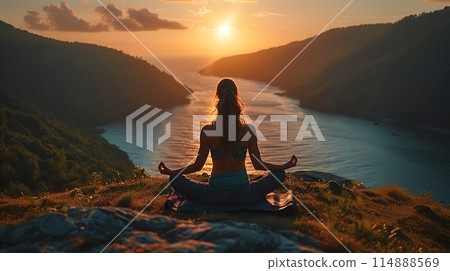Young Woman doing yoga in the mountain Infront of the lake at the morning sunrise AI generated Young Woman doing yoga in the mountain Infront of the lake at the morning sunrise AI generated 114888569