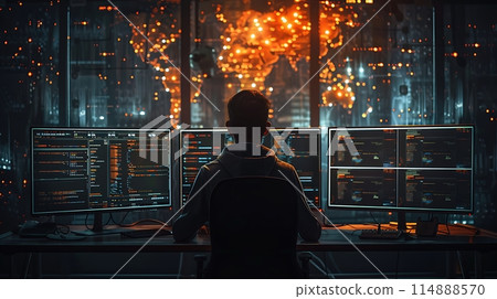 Lone Hacker Breaks Into Government Data Servers with Multiple Displays Dark Technology AI generated Lone Hacker Breaks Into Government Data Servers with Multiple Displays Dark Technology AI generated 114888570