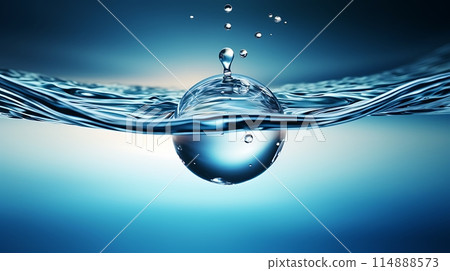 A drop of water falling to the water surface background with blue waterline AI generated 114888573