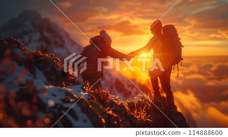 People helping each other hike up a mountain Giving a helping hand, Lifestyle Concept AI generated 114888600