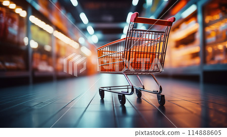 Empty Red Shopping Cart in Supermarket Cart Is Blurred in an Aisle AI Generated 114888605