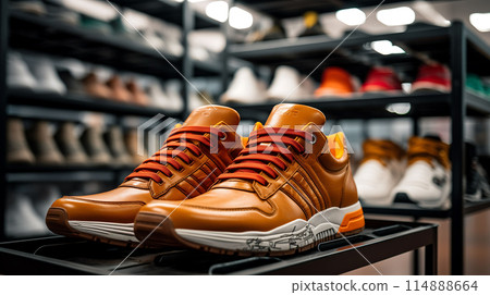 Front View of Shoes on the Shelf in Super Market Multicolored Sport Shoes Store Racks Ai Generated 114888664