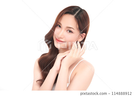 Beautiful young asian woman with clean fresh skin on white background, Face care, Facial treatment, Cosmetology, beauty and spa, Asian women portrait. Beautiful young asian woman with clean fresh skin on white background, Face care, Facial treatment, Cosmetology, beauty and spa, Asian women portrait. 114888912