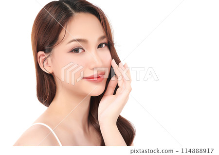 Beautiful young asian woman with clean fresh skin on white background, Face care, Facial treatment, Cosmetology, beauty and spa, Asian women portrait. 114888917