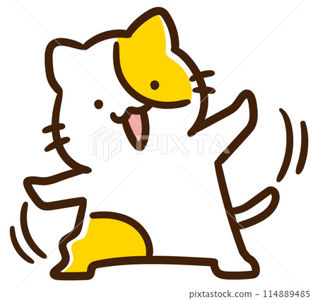 A deformed illustration of a cute cat character posing with his arms outstretched and his head tilted 114889485