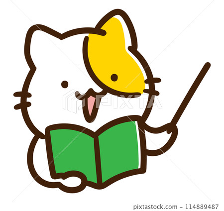 一隻可愛的貓角色在看教科書時用指點棒指著的變形插圖 114889487