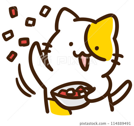 A deformed illustration of a cute cat character raining confetti 114889491