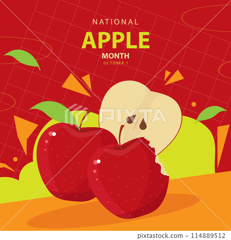 National Apple Month on october 1, with concept whole and slice apple vector illustration and text isolated on abstract background for commemorate and celebrate National Apple Month. 114889512