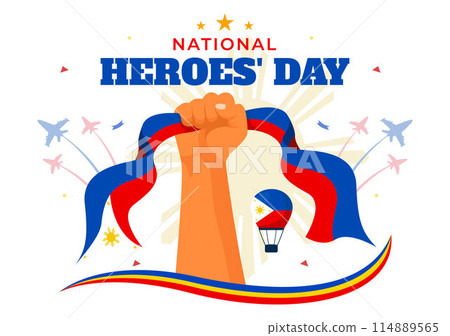 Philippines Heroes Day Vector Illustration with Waving Flag and Ribbon in a National Holiday Celebration, Flat Cartoon Style Background Philippines Heroes Day Vector Illustration with Waving Flag and Ribbon in a National Holiday Celebration, Flat Cartoon Style Background 114889565