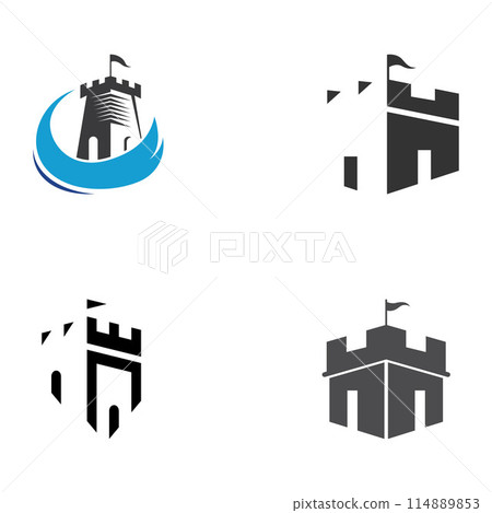 Castle logo silhouette, castle logo with shield combination design vector illustration template. Castle logo silhouette, castle logo with shield combination design vector illustration template. 114889853