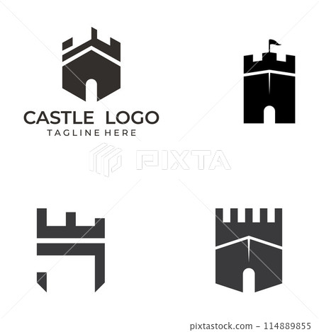 Castle logo silhouette, castle logo with shield combination design vector illustration template. 114889855