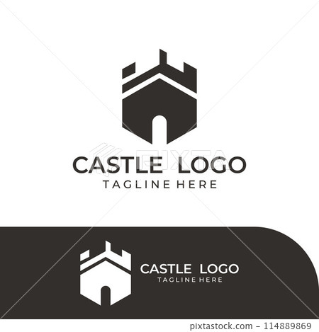 Castle logo silhouette, castle logo with shield combination design vector illustration template. Castle logo silhouette, castle logo with shield combination design vector illustration template. 114889869