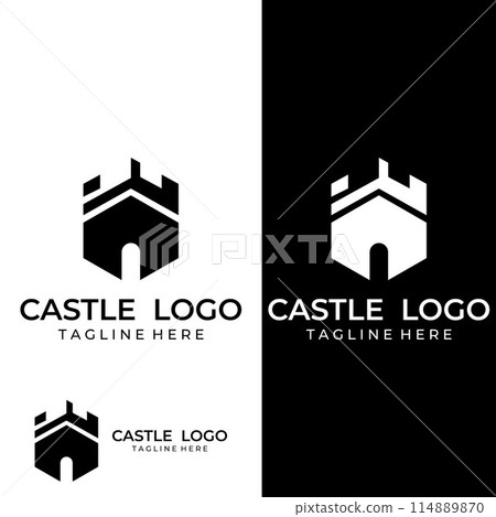 Castle logo silhouette, castle logo with shield combination design vector illustration template. 114889870