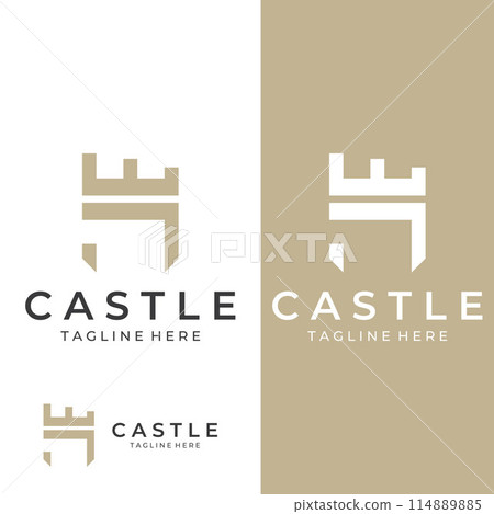 Castle logo silhouette, castle logo with shield combination design vector illustration template. 114889885
