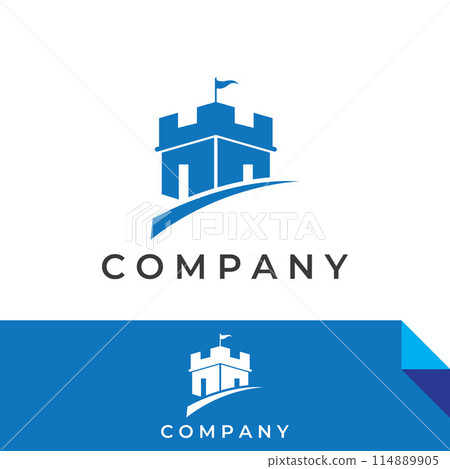Castle logo silhouette, castle logo with shield combination design vector illustration template. 114889905
