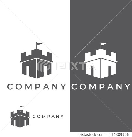 Castle logo silhouette, castle logo with shield combination design vector illustration template. 114889906