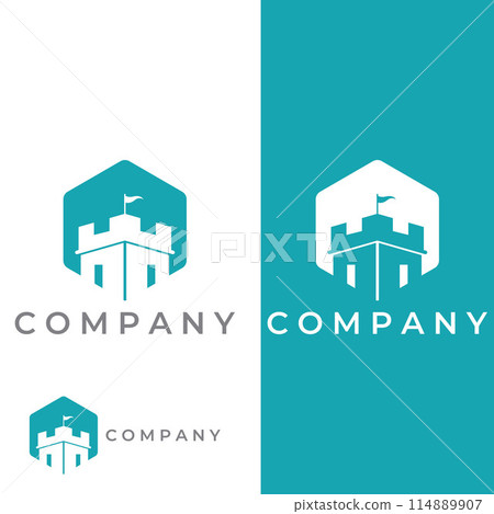 Castle logo silhouette, castle logo with shield combination design vector illustration template. 114889907