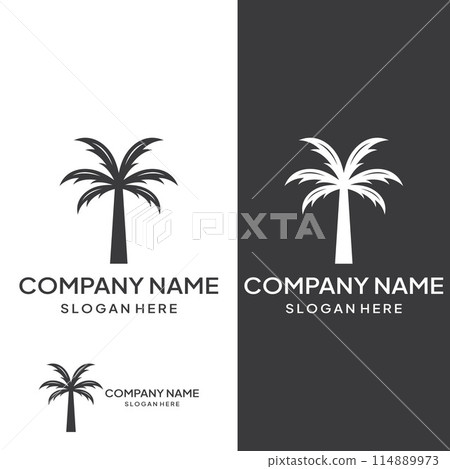 Palm tree logo, palm with waves and sun. Using Illustrator template design editing. 114889973