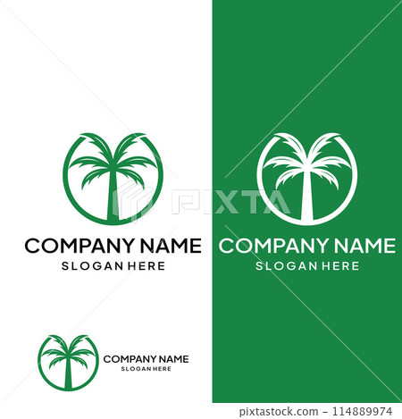 Palm tree logo, palm with waves and sun. Using Illustrator template design editing. Palm tree logo, palm with waves and sun. Using Illustrator template design editing. 114889974