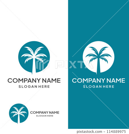 Palm tree logo, palm with waves and sun. Using Illustrator template design editing. Palm tree logo, palm with waves and sun. Using Illustrator template design editing. 114889975