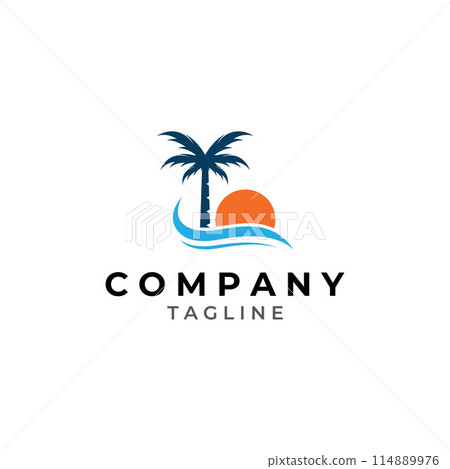 Palm tree logo, palm with waves and sun. Using Illustrator template design editing. 114889976