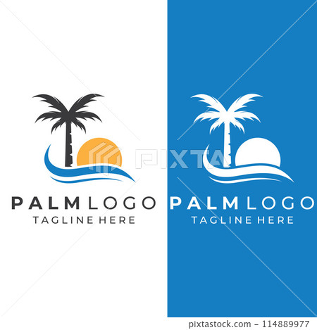 Palm tree logo, palm with waves and sun. Using Illustrator template design editing. Palm tree logo, palm with waves and sun. Using Illustrator template design editing. 114889977