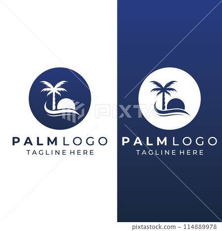 Palm tree logo, palm with waves and sun. Using Illustrator template design editing. Palm tree logo, palm with waves and sun. Using Illustrator template design editing. 114889978