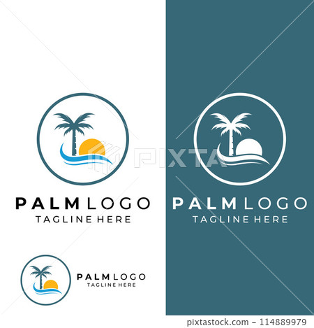 Palm tree logo, palm with waves and sun. Using Illustrator template design editing. Palm tree logo, palm with waves and sun. Using Illustrator template design editing. 114889979