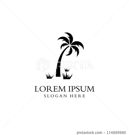 Palm tree logo, palm with waves and sun. Using Illustrator template design editing. Palm tree logo, palm with waves and sun. Using Illustrator template design editing. 114889980