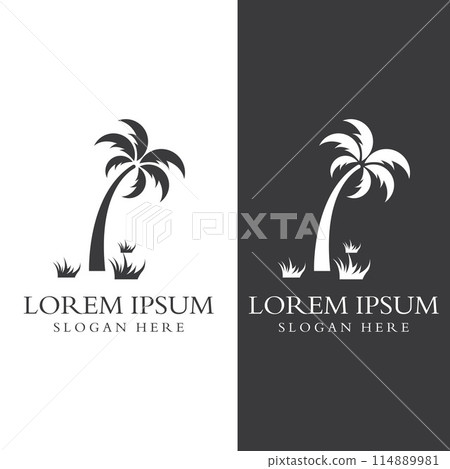 Palm tree logo, palm with waves and sun. Using Illustrator template design editing. Palm tree logo, palm with waves and sun. Using Illustrator template design editing. 114889981