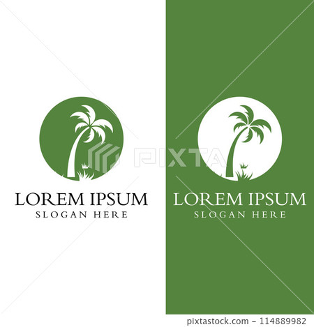 Palm tree logo, palm with waves and sun. Using Illustrator template design editing. Palm tree logo, palm with waves and sun. Using Illustrator template design editing. 114889982