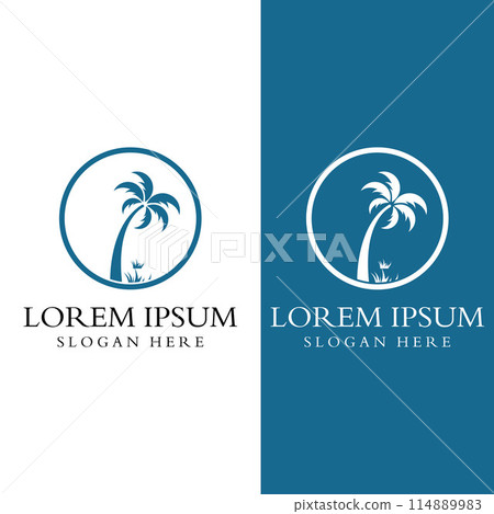 Palm tree logo, palm with waves and sun. Using Illustrator template design editing. Palm tree logo, palm with waves and sun. Using Illustrator template design editing. 114889983