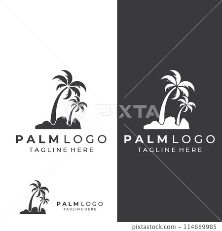 Palm tree logo, palm with waves and sun. Using Illustrator template design editing. Palm tree logo, palm with waves and sun. Using Illustrator template design editing. 114889985