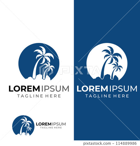 Palm tree logo, palm with waves and sun. Using Illustrator template design editing. 114889986