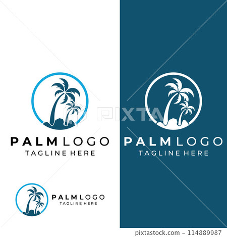 Palm tree logo, palm with waves and sun. Using Illustrator template design editing. Palm tree logo, palm with waves and sun. Using Illustrator template design editing. 114889987