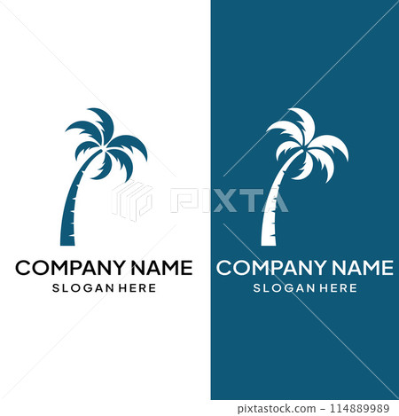 Palm tree logo, palm with waves and sun. Using Illustrator template design editing. Palm tree logo, palm with waves and sun. Using Illustrator template design editing. 114889989