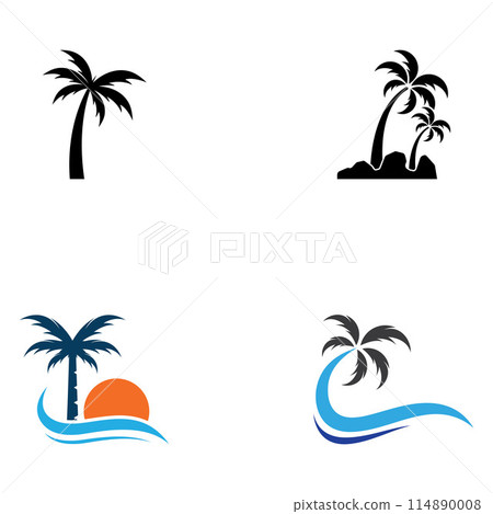 Palm tree logo, palm with waves and sun. Using Illustrator template design editing. 114890008