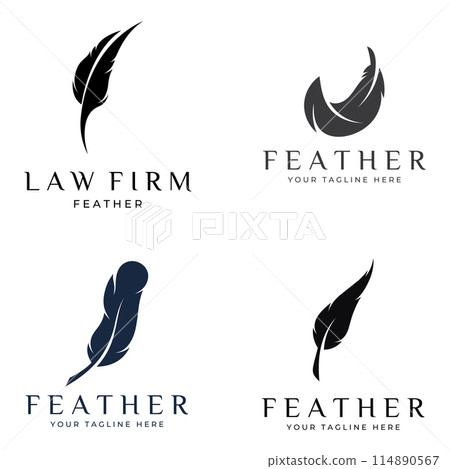 Feather logo, feather pen logo and law firm feather logo design vector illustration template. 114890567