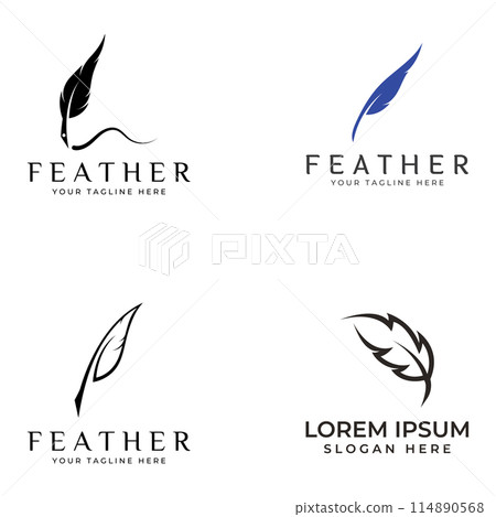 Feather logo, feather pen logo and law firm feather logo design vector illustration template. 114890568